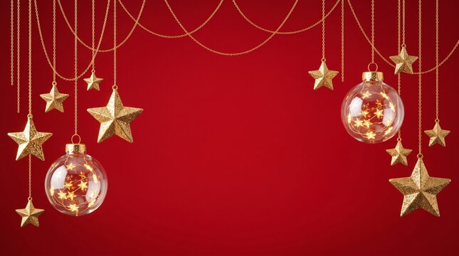 Elegant red christmas background with gold ornaments and twinkling star decorations
