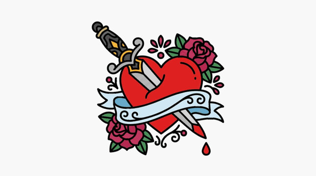 American traditional tattoo style illustration of a red heart pierced by a sharp dagger with a blood drop, surrounded by pink roses, green foliage, and a blue ribbon banner.