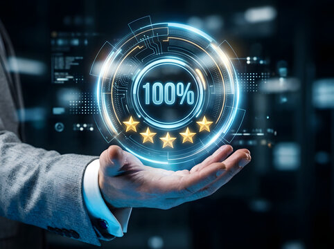 Businessman holding glowing 100 percent five star rating graphic for customer satisfaction and service quality