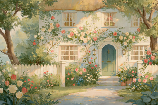 Charming cottage with a thatched roof, vibrant climbing roses, and a lush garden full of colorful spring and summer blossoms