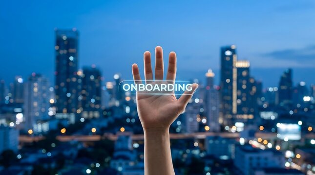 Hand touching virtual screen with onboarding text over city skyline