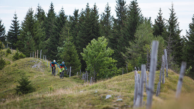 Mountain bikers riding across an alpine meadow in the Austrian Alps