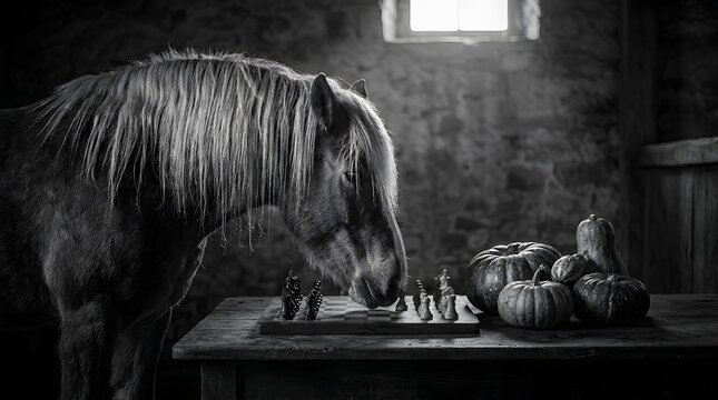 A mysterious horse standing in a dark barn setting for a spooky halloween themed conceptual photography project