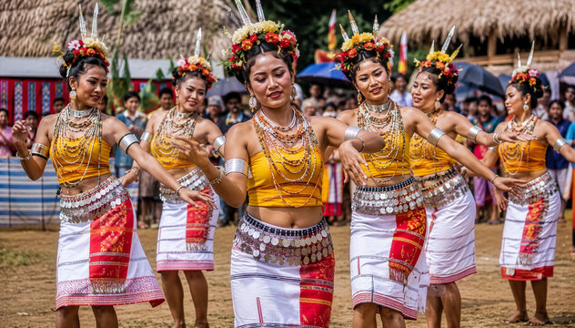 Traditional Wangala Dance Performance by Garo Women in Colorful Tribal Attire at a Cultural Festival in Meghalaya, India