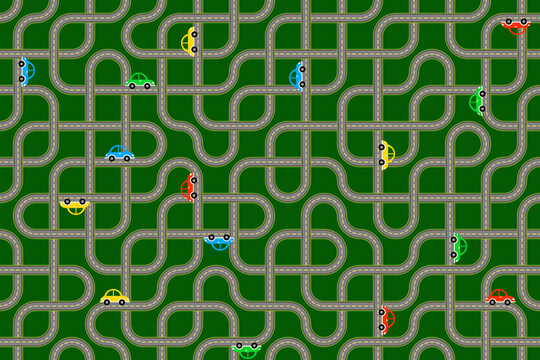Winding Roads and Colorful Cars on Green Background for Kids
