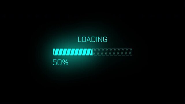 Futuristic glowing cyan loading bar at 50 percent progress indicator on black background