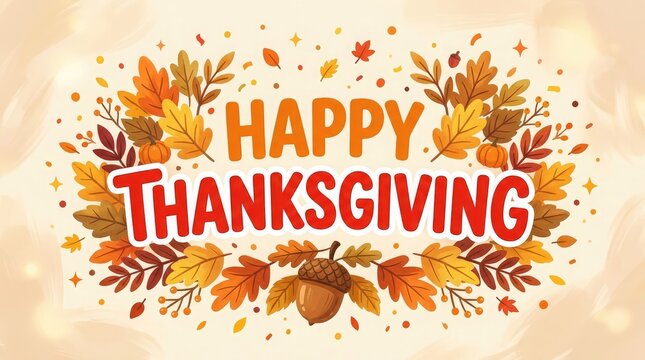 A festive illustration featuring vibrant autumn leaves and acorns celebrating the beautiful season of thanksgiving day in canada with warm seasonal colors