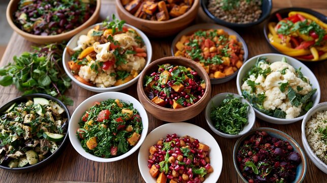 Assorted fresh vegetarian salads in bowls on wooden table background