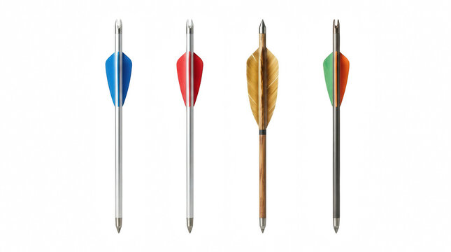 Four archery arrows with distinct fletching in natural light against a plain setting Isolated on transparent background