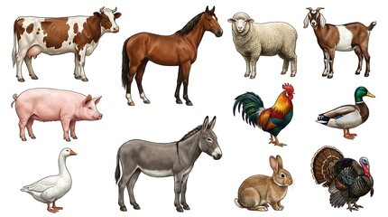 Obraz premium Set of 12 cartoon farm animals isolated on white background for children's design projects