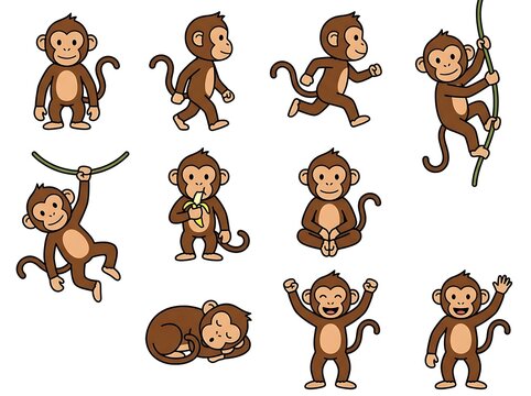 Cute cartoon monkey in multiple playful poses and dynamic movements for animations and designs