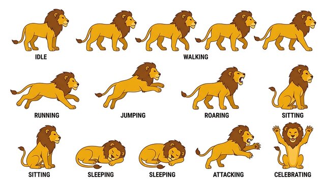 Lion walking running sitting roaring attacking and sleeping vector animation sequence set