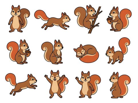 Cute cartoon squirrels and chipmunks in playful running and sitting poses on white background