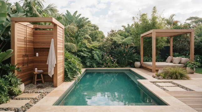 Luxury tropical backyard oasis with outdoor shower and cabana