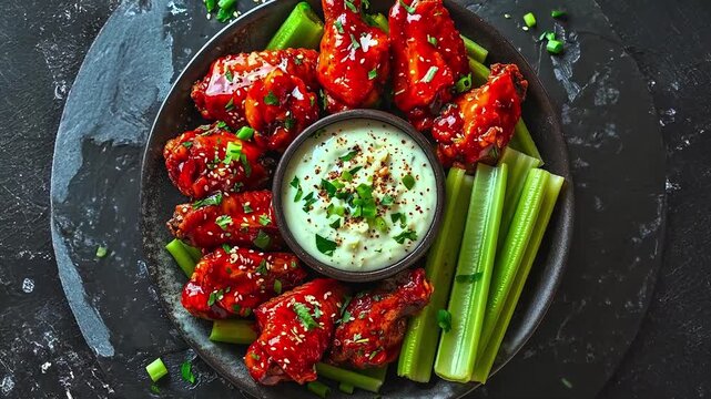 4K Video of crispy spicy chicken wings served with fresh celery and creamy dipping sauce, perfect for a flavorful appetizer or snack.