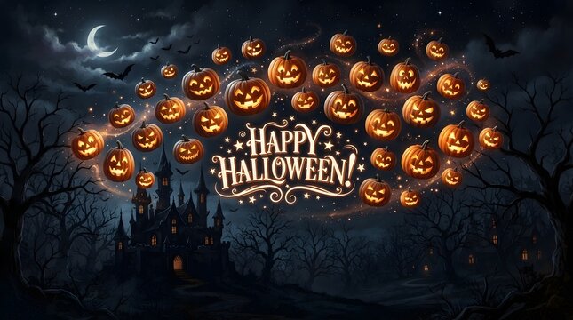 Festive happy halloween background featuring many glowing carved jack o lanterns in a dark spooky forest setting