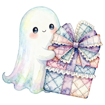 A cute watercolor ghost holding a stack of pastel gift boxes, perfect for Halloween or any special occasion, exuding a gentle and charming atmosphere.