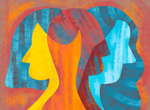 Three abstract face outlines blend together in bright colors