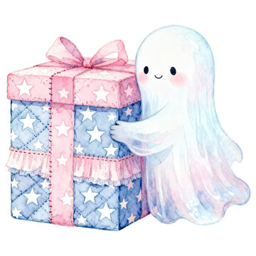 A sweet watercolor ghost hugging a gift box decorated with stars and stripes and tied with a pink bow, evoking a sense of whimsical charm and holiday spirit.
