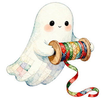 A charming watercolor illustration depicts a cute ghost holding a spool of colorful thread, perfect for adding a whimsical touch to your creative projects.