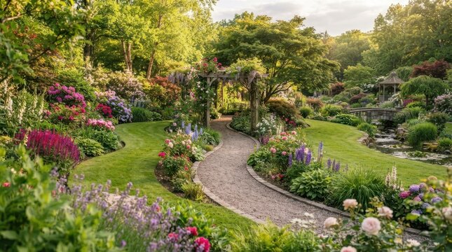 Serene garden path winds through lush blooming flowers and greenery