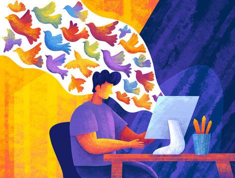 Creative process of a person at computer with colorful birds
