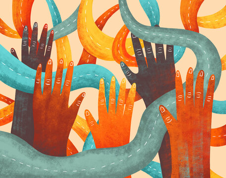 Hands reaching out among colorful roads