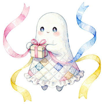 A charming watercolor illustration of a friendly ghost holding a gift box, adorned with colorful ribbons. The ghost has big, expressive eyes and wears a patchwork dress.