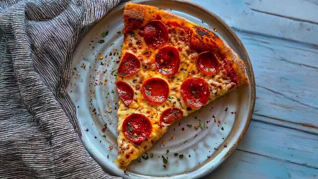 4K Video of a delicious pepperoni pizza slice with melted cheese and tomato sauce, presented on a rustic ceramic plate.