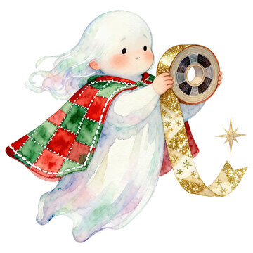 A whimsical watercolor illustration depicts a gentle, angelic spirit with flowing white hair, clad in a cozy, patchwork quilt cape, and holding a roll of festive gold ribbon adorned with snowflakes.