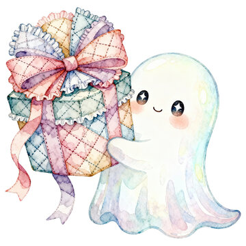 A cute, whimsical watercolor ghost character joyfully presents a beautifully wrapped gift adorned with a colorful, ruffled bow, perfect for celebrations and festive occasions.