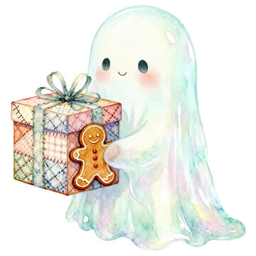 A whimsical, translucent ghost character gently holds a beautifully wrapped present, adorned with a festive gingerbread man cookie, radiating a sense of cute, playful charm and holiday spirit.