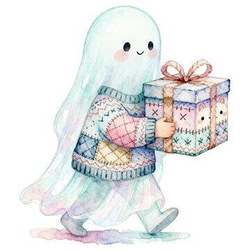 A cute, translucent ghost character adorned in a charming patchwork sweater and holding a beautifully wrapped gift, rendered in a whimsical watercolor style.