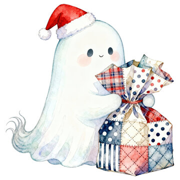 A cute watercolor ghost wearing a Santa hat, holding a patchwork gift bag with a happy expression. Perfect for holiday invitations or festive greetings.