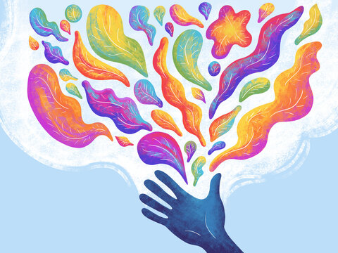 Bright colors flow from a hand in art piece