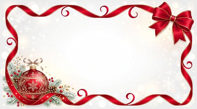 A festive and elegant christmas background with red ribbons ornaments and a soft blurred aesthetic