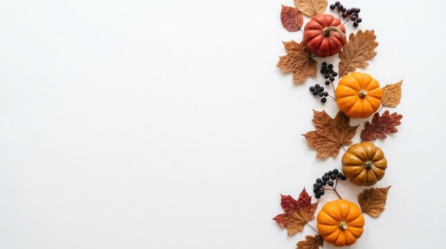 A festive flat lay composition featuring pumpkins and autumn leaves arranged on a white background for celebrating thanksgiving day in canada seasonal