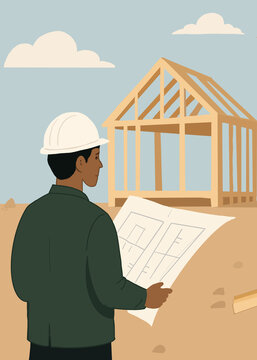 Builder reviewing blueprint beside new home frame construction