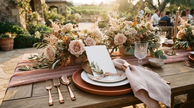 Elegant outdoor wedding reception table setting with floral arrangements and vineyard backdrop