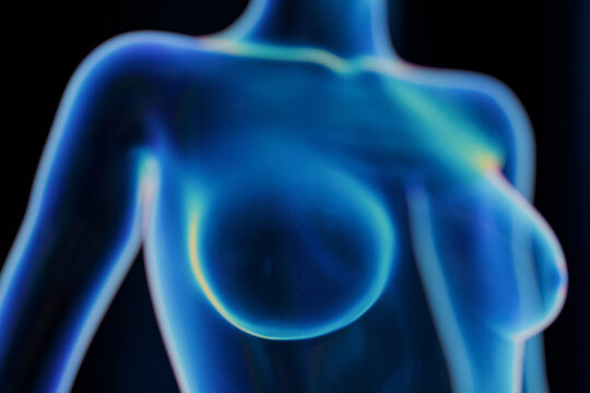 Futuristic 3D medical render of translucent female chest and torso, representing breast cancer screening, mammography examination, thermal scanning, and early oncology diagnosis.