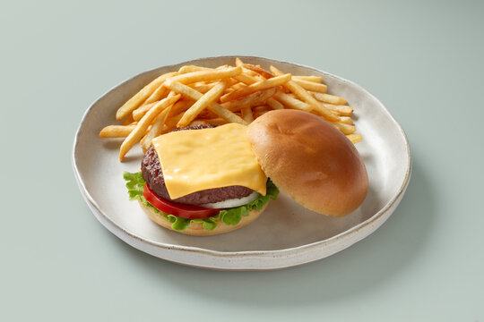 Cheeseburger with french fry on ceramic plate