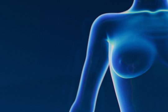 Futuristic glowing 3D female torso visualization for breast cancer screening, medical imaging, and oncology awareness on a dark blue background with copy space.