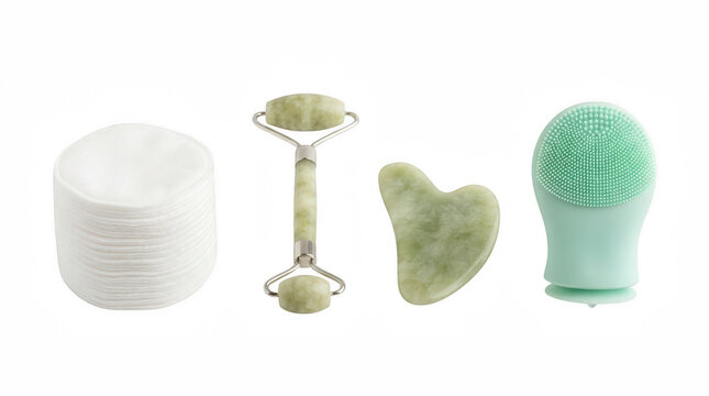Skincare tools including cotton pads jade roller gua sha and cleansing brush isolated on transparent background
