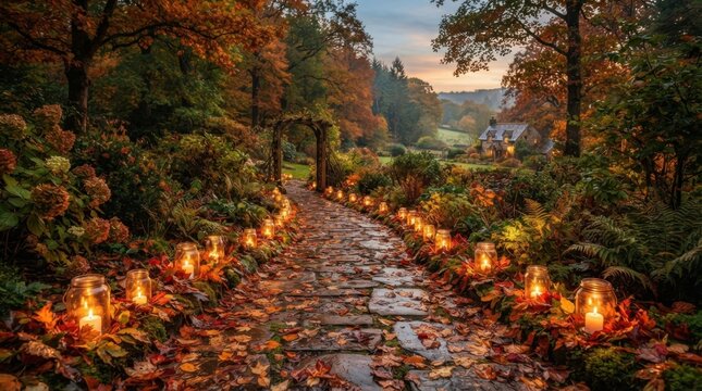 Enchanting autumn garden path illuminated by glowing lanterns at dusk