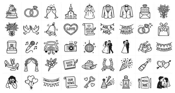 Wedding celebration doodle icons set with rings dress cake and romantic symbols wedding doodles bridal icons marriage symbols wedding ring