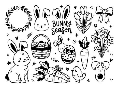 Spring bunny vector set with rabbits, decorated eggs, basket, carrots, chick, tulips, daffodils, wreath and seasonal details in clean black and white doodle line art