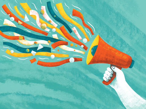 Creative use of a megaphone spreads colorful ribbons and circles