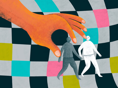Large hand reaches for two walking figures on a patterned background
