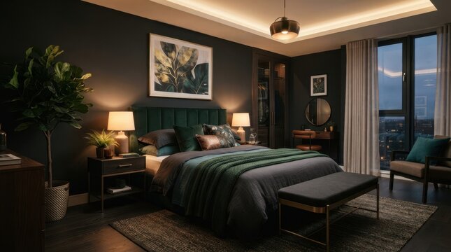 Luxurious dark bedroom with green accents and city view at dusk