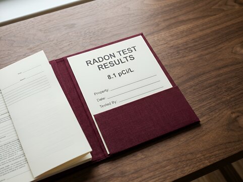 Radon Test Report Form Inside Burgundy Portfolio Binder on Rich Walnut Wood Table for Real Estate File Review